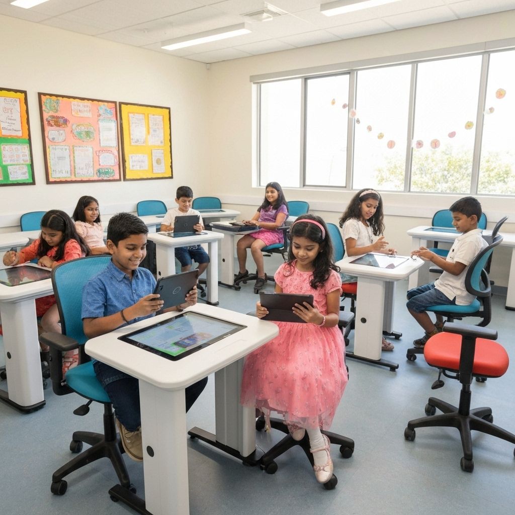 Modern Indian children in bright classroom learning together